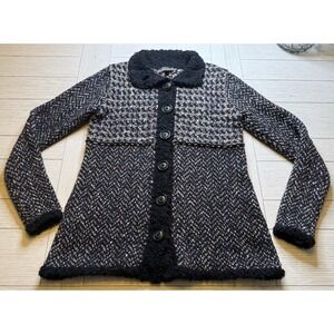 Apropos Cotton Blend Blk Patchwork Multi Patterned Big Button Cardigan Sweater M